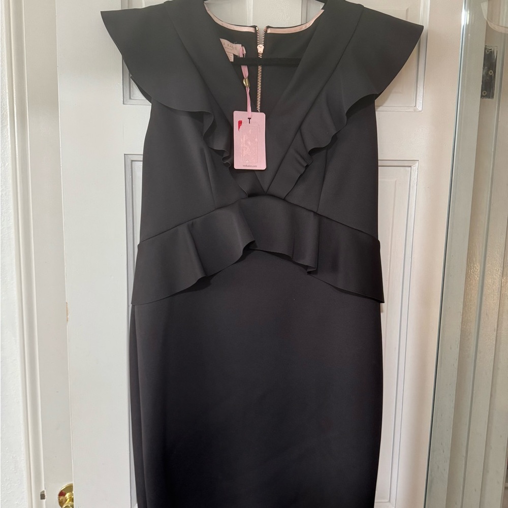 Ted Baker Black Ruffle-Trim Midi Dress